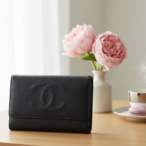 CHANEL Caviar Skin Tri-Fold Wallet Flap Wallet Black